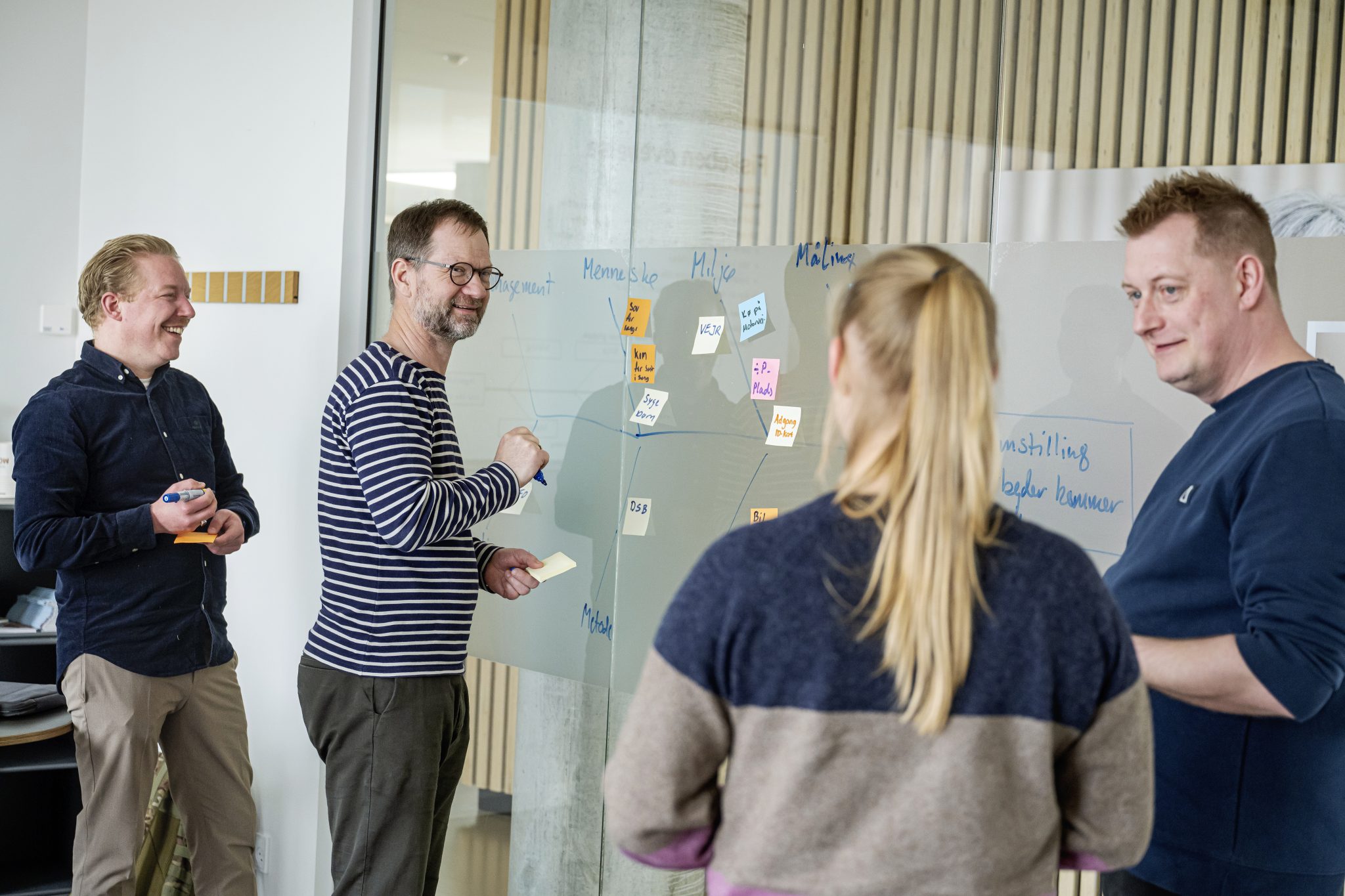 Underviser sammen med studerende, der sætter post-it notes på et vindue.