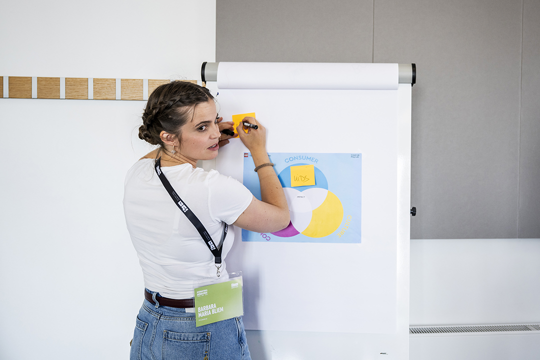 Student standing and writing on a blackboard